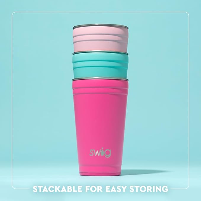 Swig Life 24oz Party Cup, Stackable Insulated Travel Coffee Tumbler with EZ Slider Lid, Cup Holder Friendly, Stainless Steel 24 oz Tumbler, Reusable Coffee Mug (Errbody Camp)