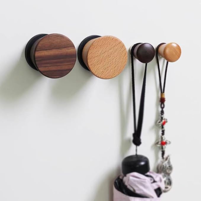 2 PCS Retro Magnetic Hooks, Wrought Iron Wooden Ball Hooks, Creative Punch-Free Storage for Refrigerators, Metal Doors, and Lockers (Beech+Walnut Wood,S)
