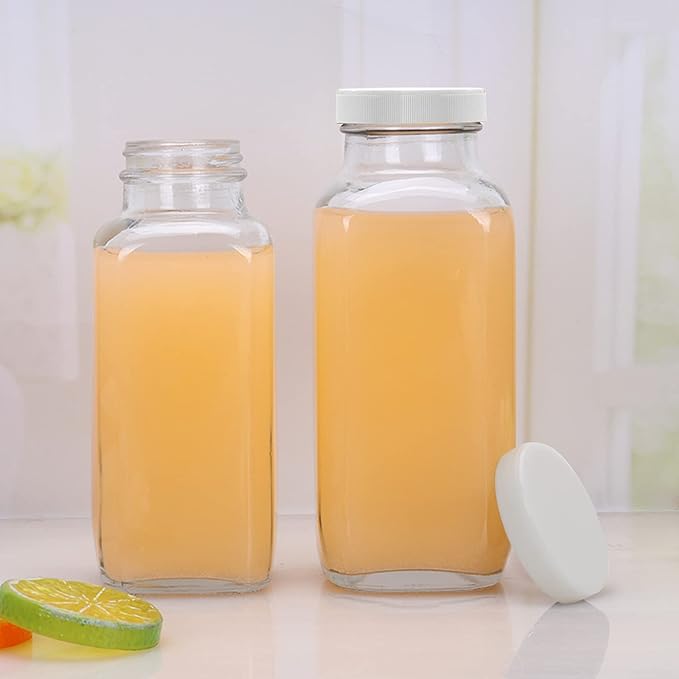 Encheng Glass Bottles 12 oz,Airtight Glass Beverage Bottles with Lids,Clear Vintage Drinking Jars 350ml,Juicing Bottle for Storage Tea,Kombucha,Milk,Smoothies,20 Pack