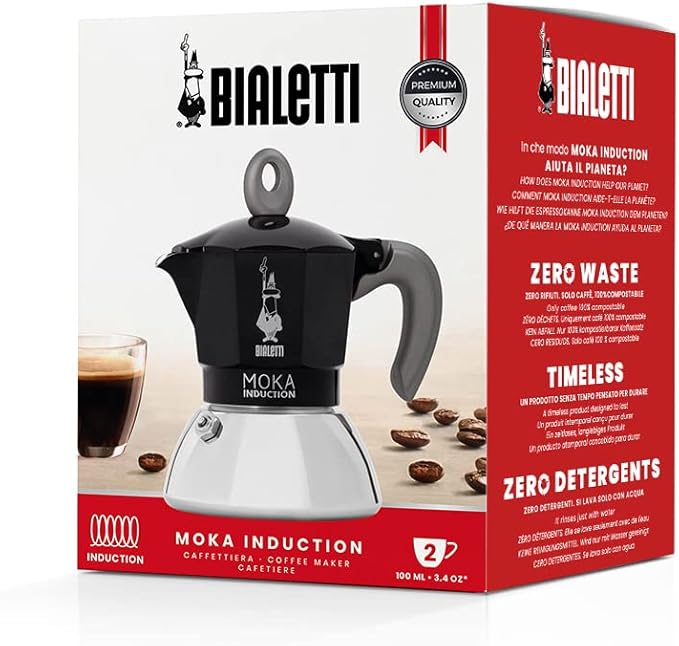 Bialetti - Moka Induction, Moka Pot, Suitable for all Types of Hobs, 2 Cups Espresso (2.8 Oz), 90 milliliters,Black