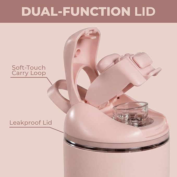 HydroJug Ease2o Water Bottle with Straw & Chug Lid, Stainless Steel, Vented Cap to Help Reduce Pressure, Water-Level Window, Cup Holder Friendly, Non-Slip Base – 32oz, Dusty Rose