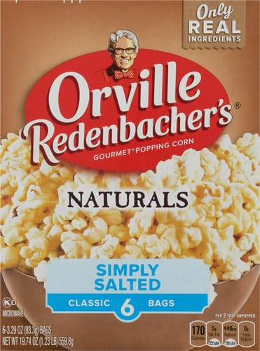 Orville Redenbacher’s Microwave Popcorn, Naturals Simply Salted Popcorn, 3g Fiber Per Serving, 3.3 oz., 6-Count (Pack of 2)