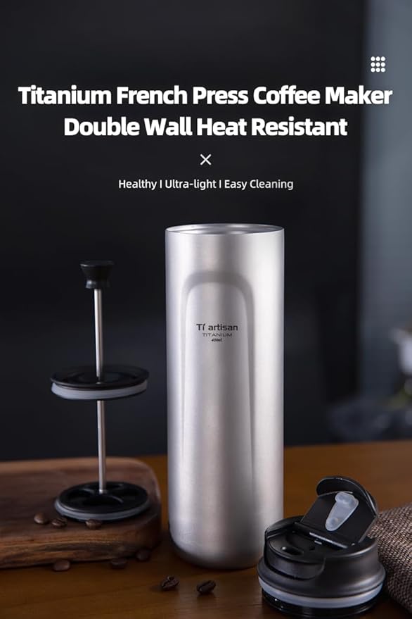 Titanium Water Bottle French Press Pot Milk Frother Coffee maker Coffee cups 16.23fl oz | Double Layer Thermal Insulation | Leakproof & Packable for Travel & Sports | (Grey)