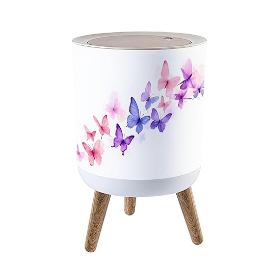 Trash Can with Lid Swarm Pink Purple Butterflies an White Watercolor Press Top Round Small Garbage Bin with Wooden Legs Waste Basket for Kitchen Bedroom Nursery 7L/1.8 Gallon