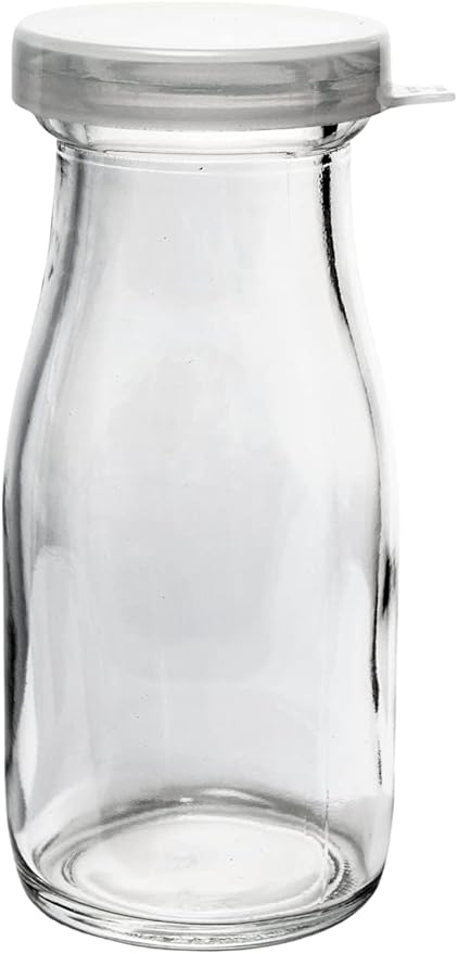 The Dairy Shoppe Glass Milk Bottle, Heavy Glass with Extra Lids, Creamery Style (4, Half Pint Decanter)