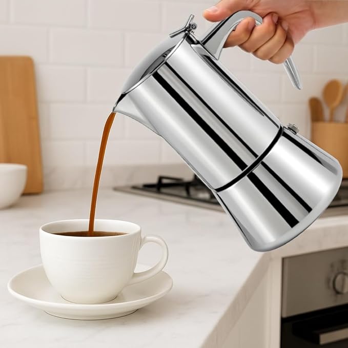Stainless Steel Stovetop Espresso Maker – Italian Moka Pot, Induction Compatible Espresso Coffee Maker with Safety Valve (6 Cups)