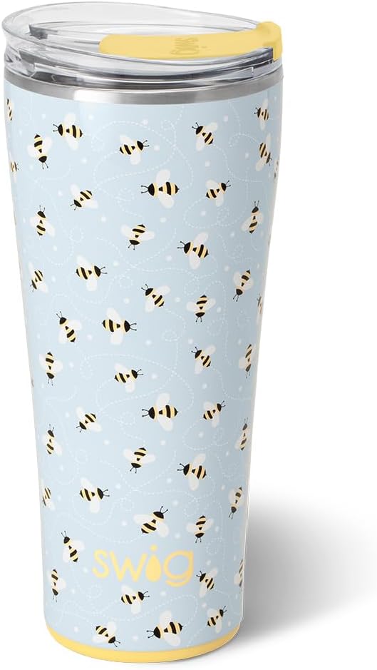 Swiglife 32oz Insulated Tumbler, Travel Coffee Tumbler with Lid, Cup Holder Friendly Travel Coffee Mug, Stainless Steel with Lid (Busy Bee)