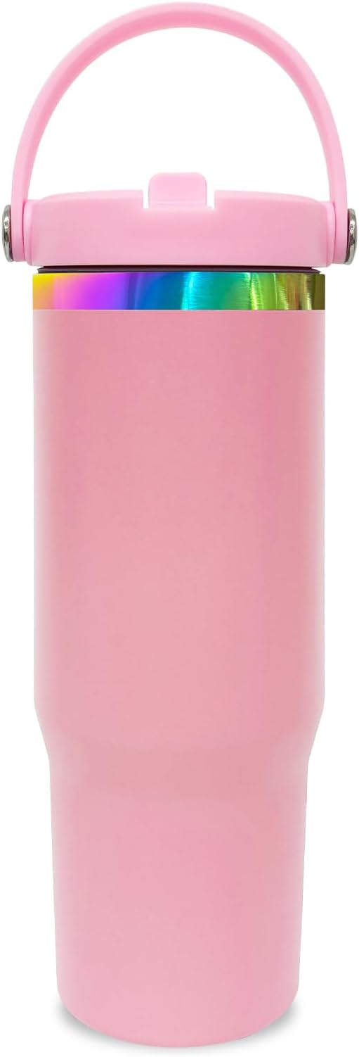 30 oz Tumbler with Handle and Straw, Vacuum Insulated Tumblers with Flip Straw and Top Handle, Leakproof Powder Coated Tumbler, Stainless Steel Travel Mug for Coffee Water((Pink)