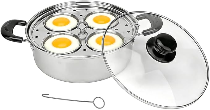Stainless Steel Egg Poacher Pan - 4-Cup Non-Coated Egg Cooker Poached Egg Maker, Heavy Duty Egg Poaching Pan for Home Kitchen