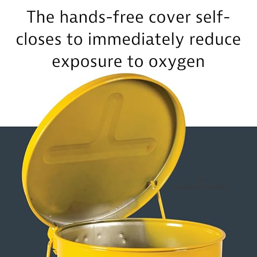 Justrite 10 Gallon Galvanized Steel Oily Waste Can, 18" x 14" Metal Oil Rag Safety Can with Foot Operated Self-Closing Lid for Oil Rag Disposal, Made in The USA, Yellow, 09301
