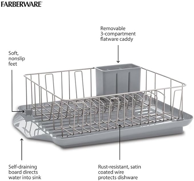 Farberware Classic 3-Piece Dish Drying Rack Set for Kitchen Counter, Gray - Rust-Resistant Wires, Self-Draining Board, Flatware Caddy, Non-Slip Feet
