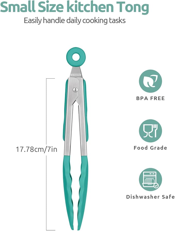 480ºF Heat Resistant Kitchen Tong: U-Taste 7in Silicone Cooking Tong with Firm Sealed Non Stick Rubber Tips & Silicon Coated 18/8 Stainless Steel Handle & Smooth Locking for Serving Salad (Aqua Sky)