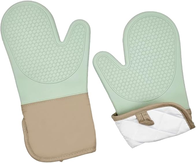 6-Piece Silicone Oven Mitts Set, Heat Resistant Kitchen Gloves with Soft Cotton Lining, Pot Holders & Mini Mitts for Cooking, Baking, BBQ – Light Green