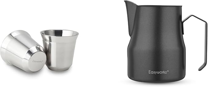 Easyworkz Stainless Steel Espresso Cup 2pcs Set Double Wall 2.5 oz, Bundled Espresso Steaming Pitcher Stainless Steel 15 oz Coffee Frothing Picther Milk Jug Cappuccino Latte Art Cup