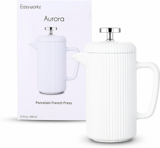 Easyworkz Porcelain French Press 34 fl oz, Coffee Tea Maker with Stainless Steel Plunger 1000 ml, Ivory