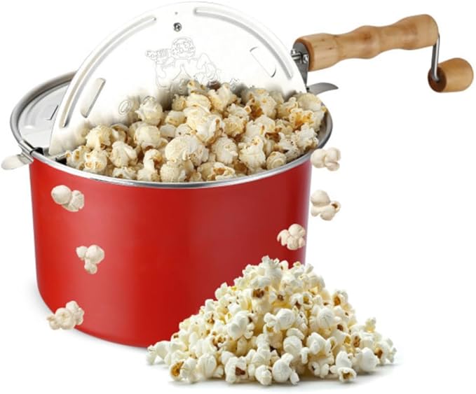 Stovetop Popcorn Maker – 6.5-Quart Popper Pan with Wooden Crank Handle and Internal Kernel Stirrer by Great Northern Popcorn (Red)