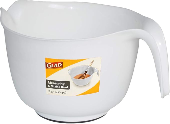 Glad Mixing Bowl with Handle – 3 Quart | Heavy Duty Plastic with Pour Spout and Non-Slip Base | Dishwasher Safe Kitchen Supplies for Cooking and Baking, White
