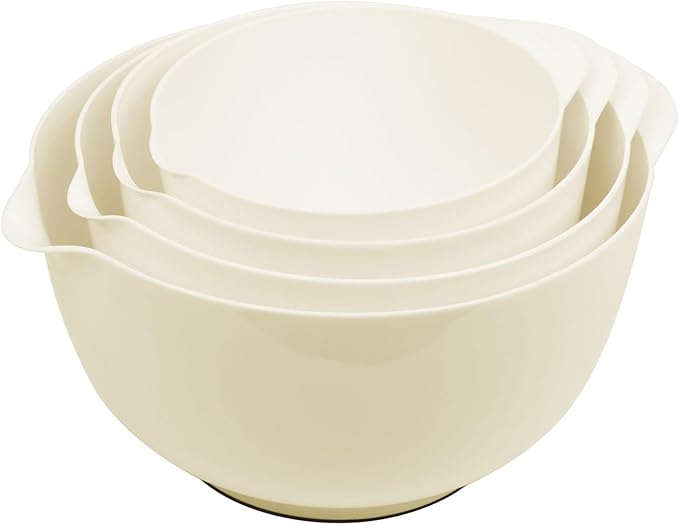 BoxedHome 4 Quart Large Plastic Mixing Bowls, Microwave Safe Mixing Bowl Set with Pour Spout, Nesting Bowls for Space Saving Storage(Beige)