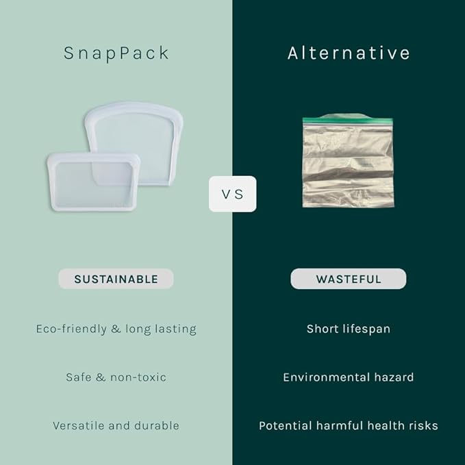 SnapPack Reusable Snack & Sandwich Bags, 2-Pack, 100% Pure Platinum Silicone, Dishwasher Safe, Heat‑Resistant, Freezer‑Safe and Sous‑Vide capable (Forest Green)