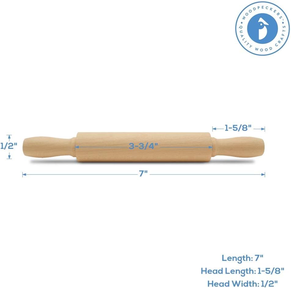 Wooden Mini Rolling Pin, 7 Inches Long, Pack of 6, Perfect for Fondant, Pasta, Baking in the Kitchen, Play-doh, Crafting and Imaginative Play, by Woodpeckers