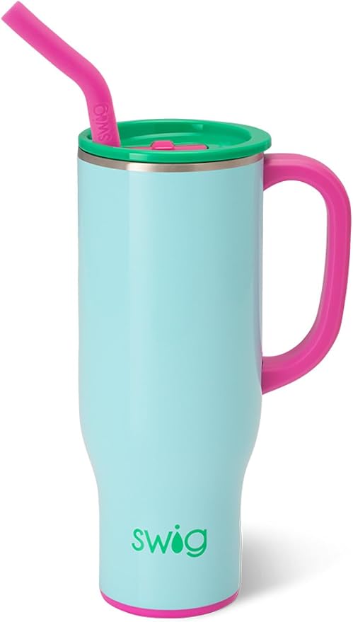 Swig Life 30oz Mega Mug, 30 oz Tumbler with Handle and Straw, Cup Holder Friendly, Dishwasher Safe, Extra Large Insulated Tumbler, Stainless Steel Water Bottle (Prep Rally)