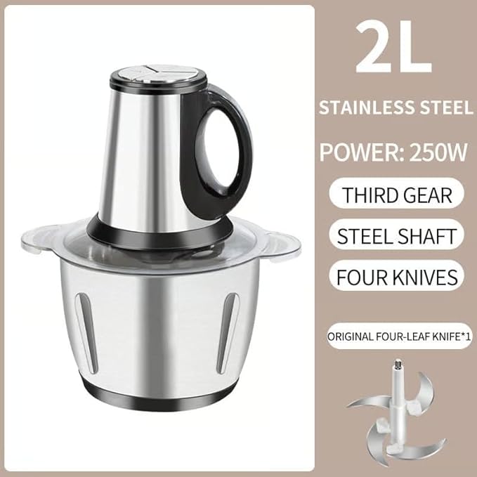 Sakerplus Multifunctional Large Capacity Meat Grinder, 250W Electric Food Processor with 3 Speeds, 2L Stainless Steel Bowl & 4 Sharp Blades for Meat, Vegetables, Nuts (2L-stainless steel)