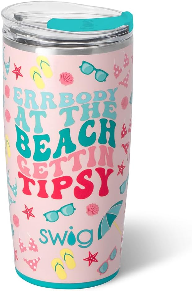 Swig Life 22oz Insulated Tumbler, Travel Coffee Tumbler with Lid, Cup Holder Friendly Travel Coffee Mug, Stainless Steel, 22 oz Tumblers, Reusable Insulated Mug with Lid (Errbody Beach)
