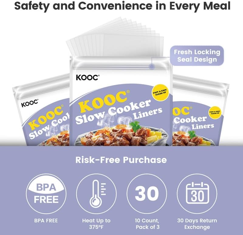KOOC Slow Cooker Liners 8"x11" 30 Count Mini Size Disposable Pot Liners Cooking Bags Fit 0.65 qt to 1.25 qt Pot BPA Free Fresh Locking Seal Design