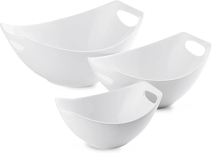 LAUCHUH Serving Bowls with Handles, Porcelain Serving Dishes White Nesting Bowls Mixing Bowl Set Salad Bowls for Entertaining, Mother's Day Party, Baby Shower, Set of 3, 15/28/49 oz