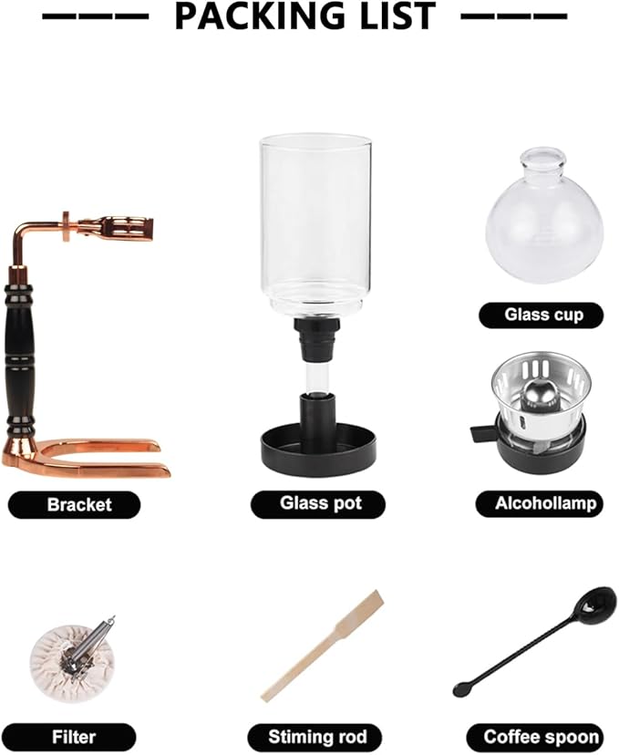 Portable Siphon Coffee Maker, Tabletop Glass Siphon Coffee Pot 5-Cup (600ml) with Alcohol Burner, Adjustable Buffer Clamp, Stainless Steel Bracket Base for Coffee Aficionados