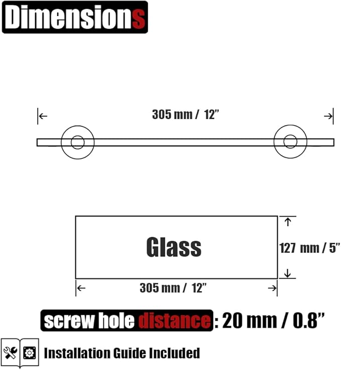 JQK Bathroom Glass Shelf, Tempered Glass Shower Storage 12 by 5 inches, 304 Stainless Steel Brushed Finish Wall Mount, TGS101L12-BN