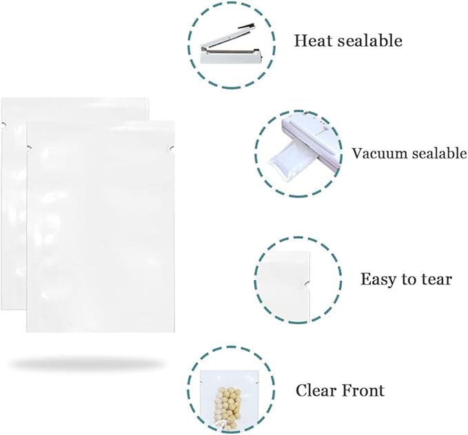 PABCK 300 Pcs 3.1x4.7 inch (Usable Size 2.75x4.3 inch) White Clear Front Open Top 2.8mil Plastic Vacuum Pouch Heat Sealable Bags for Food Storage Packets Mini Sample with Tear Notches