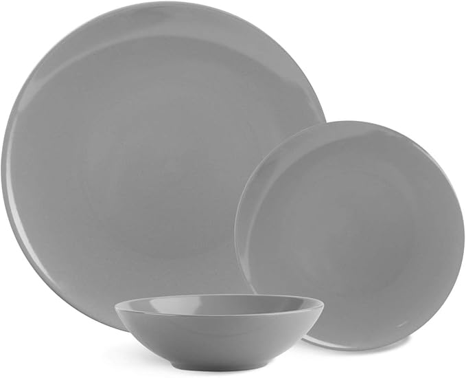 Amazon Basics 18-Piece Stoneware Dinnerware Set, Service for 6, Microwave and Dishwasher Safe, Plates and Bowls for Everyday Use, Smokey Grey