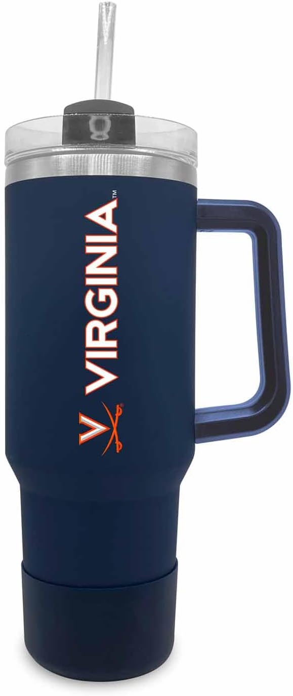 Campus Colors College & University 40 oz Travel Tumbler With Handle - Dual Option Lid With Straw - Vacuum Insulated Stainless Steel (Virginia Cavaliers - Navy)