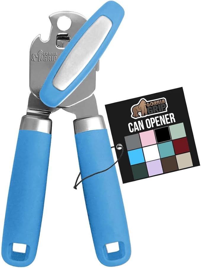 GORILLA GRIP Heavy Duty Stainless Steel Smooth Edge Manual Can Opener and Bottle Openers, Soft Comfortable Handle, Oversized Handheld Turn Knob, US Designed Multifunctional Kitchen Tool, Aqua