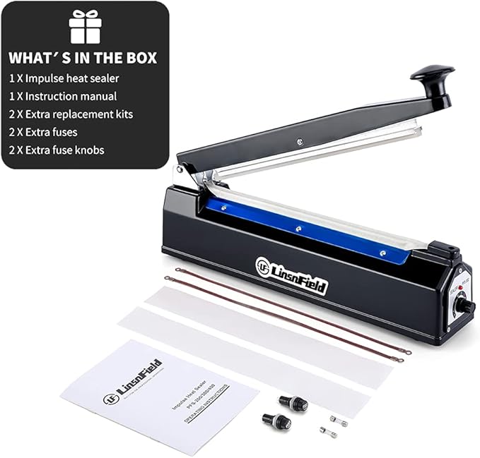 Sealer Pro, Patented 12inch Impulse Heat Bag Sealer, 7mm Sealing Width Poly Bag Seal Machine, 2 Replacement Kits 1 Extra Fuse Included, Black