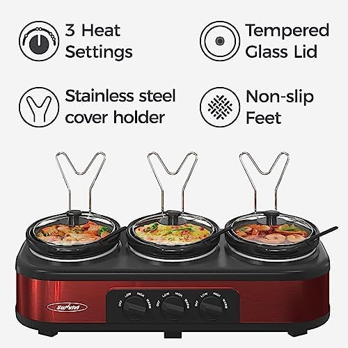 3 * 1.5 Quarts Triple Slow Cooker, Buffet Server & Warmer with 3 Removable Ceramic Pots, 3 Adjustable Temp Settings & 3 Metal Lid Rests, Stainless Steel, Red