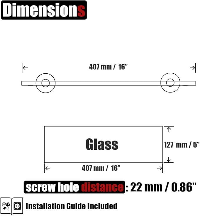 JQK Bathroom Glass Shelf Chrome, Tempered Glass Shower Storage 16 by 5 inches, 304 Stainless Steel Polished Chrome Wall Mount, TGS101-CH