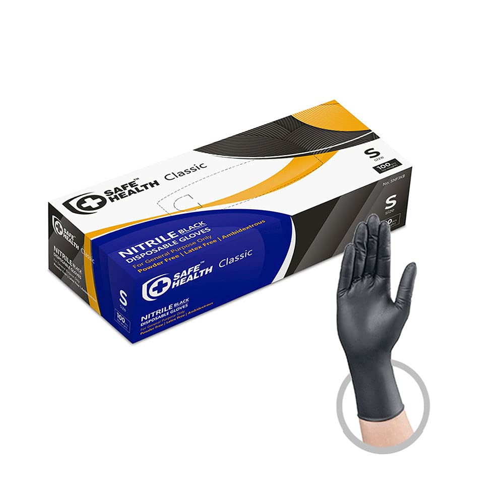 SAFE HEALTH Nitrile Black Industrial Disposable Gloves-Small 3.5 Mil Box of 100 Powder Free-Latex Free Tattoo-Beauty Salon-Hair Nail Studio-Auto Repair-Car Maintenance-Household-Daily