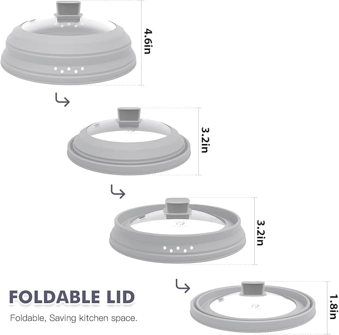 Microwave Splatter Cover Glass Cover Guard Lid with Collapsible Silicone for Food Pot Plate Cover 9.8 inch Light Grey