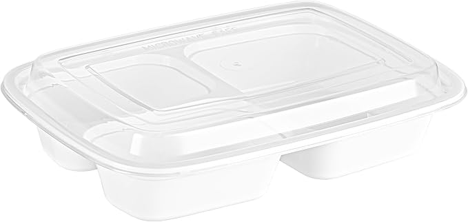 Restaurantware Asporto 26 Ounce Compartment Take Out Boxes, 100 Microwavable Meal Prep Containers - 3 Compartments, With Clear Plastic Lids, White Plastic Food Containers, Do Not Contain BPA