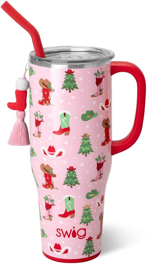 Swig Life 40oz Mega Mug, 40 oz Tumbler with Handle and Straw, Cup Holder Friendly, Dishwasher Safe, Extra Large Insulated Tumbler, Stainless Steel (Howdy Holidays)
