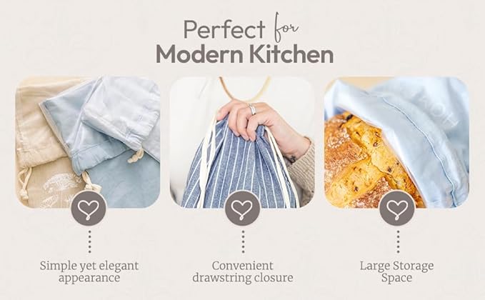 Reusable Bread Bags with Drawstring | XL Pack of 3 | Eco-Friendly Washable Linen Bread Bag & Spacious Sourdough Bread Storage | Bread Bags Reusable Keeps Your Loaf Fresh | Strips Design