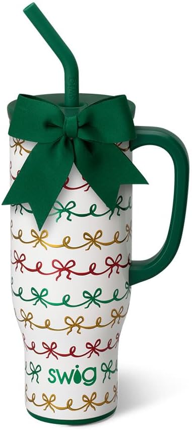 Swig Life 30oz Mega Mug, 30oz Tumbler with Handle and Straw, Large Insulated Tumblers, Cup Holder Friendly Travel Mug, Stainless Steel 30 oz Tumbler, Reusable Insulated Water Bottle (Christmas Bows)