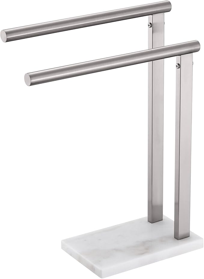 KOKOSIRI Hand Towel Holders Standing Towel Bars 2-Tier with Marble Base for Bathroom Vanity Countertop, Brushed Stainless Steel 15.7'' Height THS0007-BR