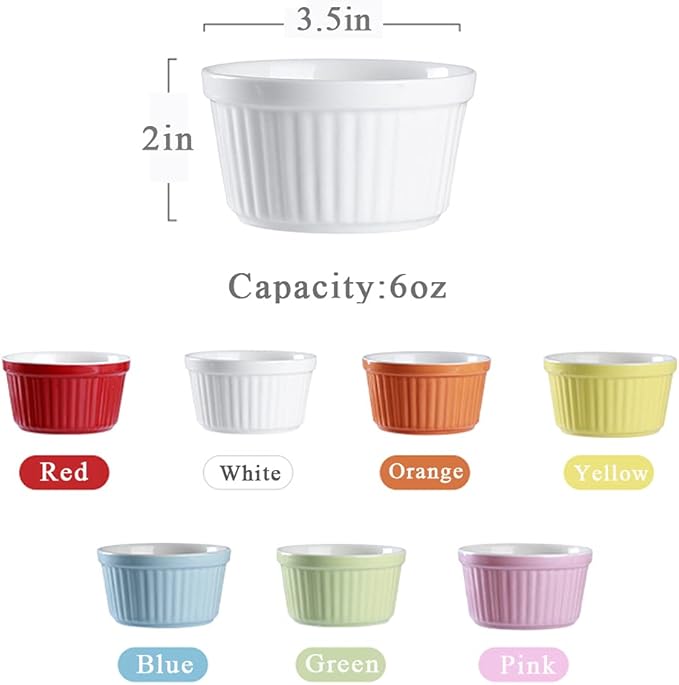 Ramekins 6oz Oven Safe,Creme Brulee Ramekin and Souffle Dishes,Porcelain Baking Bowls,Dipping Sauce Dish.Pudding Cups,Set of 6, White