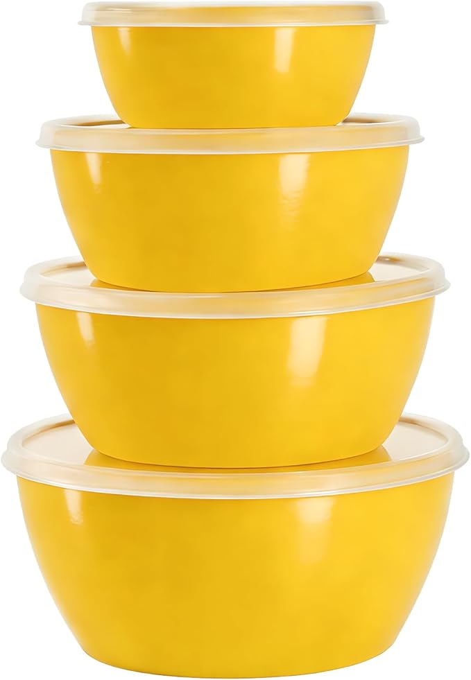 4-Piece Classic Plastic Prep Bowls with Lids, Nesting Plastic Small Mixing Bowl Set for Mixing, Baking, Prepping, Cooking and Serving Food, Microwave and Dishwasher Safe (Yellow)