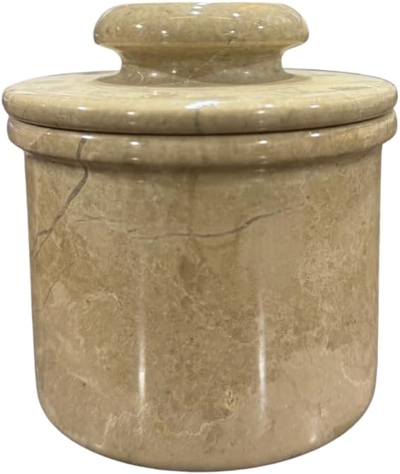 Marble Butter Keeper French Butter Dish Crock with Lid Handcrafted Beige Marble