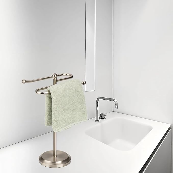 J&V TEXTILES Classical Steel Towel Rack Holder Stand with 2 Hanging Rings for Bathroom Vanity Countertops - Space Saving Hand Towel Holder (Brushed Satin Nickel)