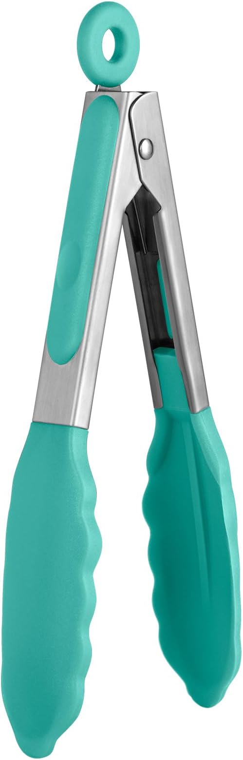 480ºF Heat Resistant Kitchen Tong: U-Taste 7in Silicone Cooking Tong with Firm Sealed Non Stick Rubber Tips & Silicon Coated 18/8 Stainless Steel Handle & Smooth Locking for Serving Salad (Aqua Sky)